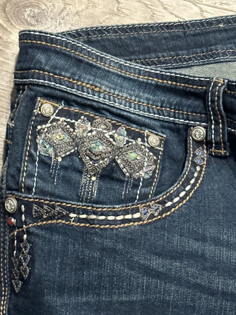 Embroidered Back Pocket Dark Blue Flare Jeans
